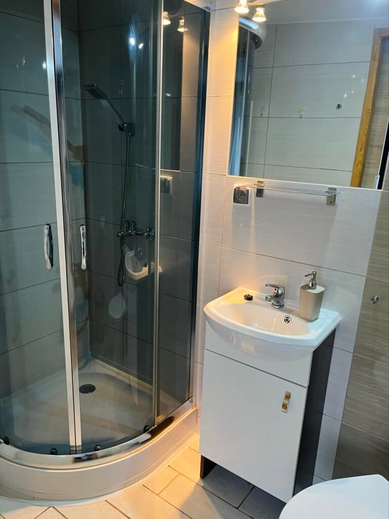 Prysznic i umywalka w pokoju gościnnym